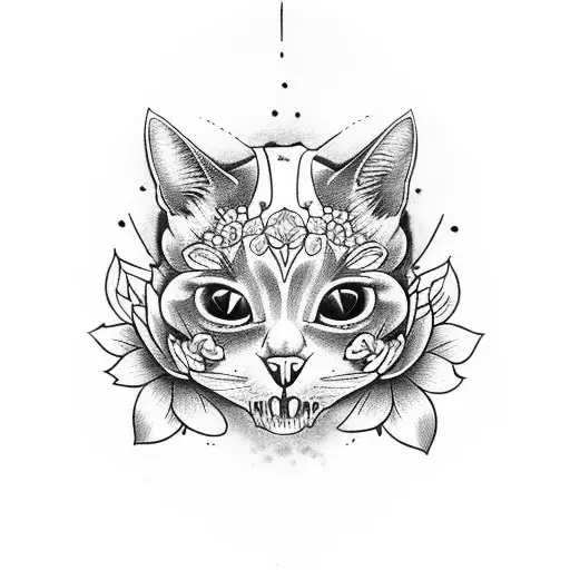 cat skull with flowers tattoo design idea