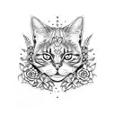 cat skull with flowers tattoo design idea