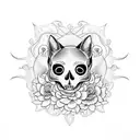 cat skull with flowers tattoo design idea