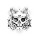 cat skull with flowers tattoo design idea