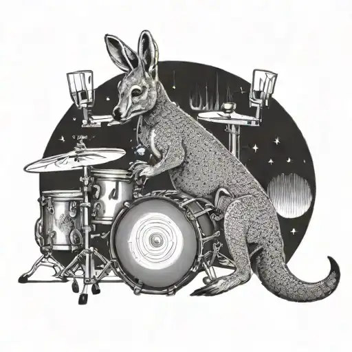 An Australian themed tattoo featuring a kangaroo playing a drum set, with dotwork detailing tattoo design idea