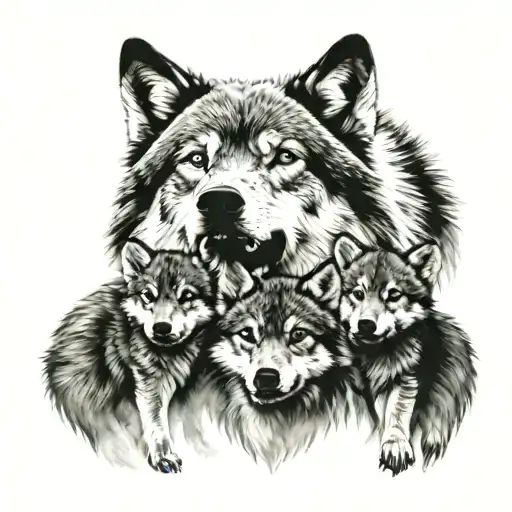 mother wolf with 2 cubs surrounded tattoo design idea