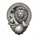 A large lion standing on a rock formation with its right paw resting on a ball (as in a Chinese foo dog). tattoo design idea