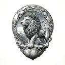 A large lion standing on a rock formation with its right paw resting on a ball (as in a Chinese foo dog). tattoo design idea