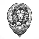 A large lion standing on a rock formation with its right paw resting on a ball (as in a Chinese foo dog). tattoo design idea