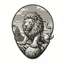 A large lion standing on a rock formation with its right paw resting on a ball (as in a Chinese foo dog). tattoo design idea