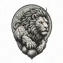 A large lion standing on a rock formation with its right paw resting on a ball (as in a Chinese foo dog). tattoo design idea