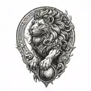 A large lion standing on a rock formation with its right paw resting on a ball (as in a Chinese foo dog). tattoo design idea