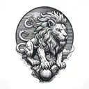 A large lion standing on a rock formation with its right paw resting on a ball (as in a Chinese foo dog). tattoo design idea