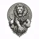 A large lion standing on a rock formation with its right paw resting on a ball (as in a Chinese foo dog). tattoo design idea