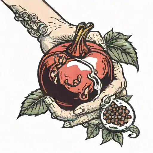 Persephone's hand holding pomegranate with bite missing  tattoo design idea