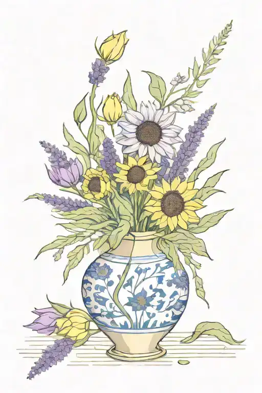 sunflower ,lavender and tulip in a Chinese styled vase tattoo design idea