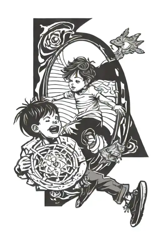 kid being pulled through a portal by his older self tattoo design idea