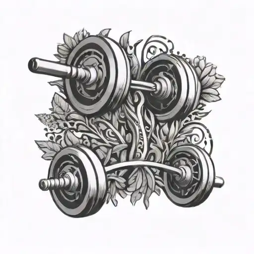 A black-grey tattoo of a weightlifting barbell surrounded by intricate nature patterns, representing the balance between physical fitness and mental well-being tattoo design idea