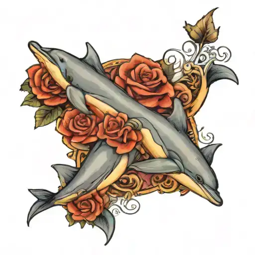 dolphins and roses with a scroll wrapped tattoo design idea