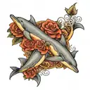 dolphins and roses with a scroll wrapped tattoo design idea