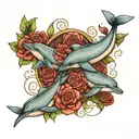 dolphins and roses with a scroll wrapped tattoo design idea