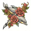 dolphins and roses with a scroll wrapped tattoo design idea