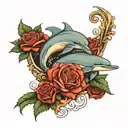 dolphins and roses with a scroll wrapped tattoo design idea
