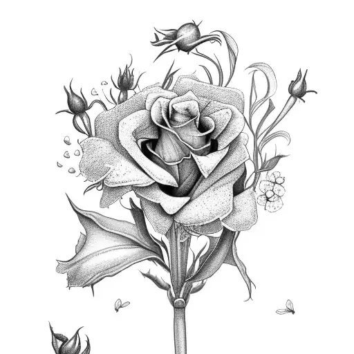 a bunch of wildflowers that include roses, daffodils, gladiolus, holly, hydrangeas. with three dragonflies flying around tattoo design idea