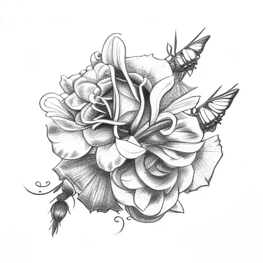 collage of roses, daffodils, gladiolus, holly, hydrangea, and three dragonflies  tattoo design idea