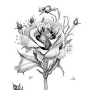 a bunch of wildflowers that include roses, daffodils, gladiolus, holly, hydrangeas. with three dragonflies flying around tattoo design idea