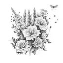 a bunch of wildflowers that include roses, daffodils, gladiolus, holly, hydrangeas. with three dragonflies flying around tattoo design idea