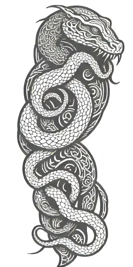 Snake wrapped around viking symbols tattoo design idea