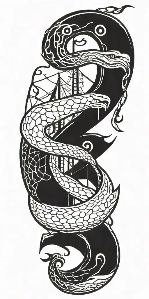 Snake wrapped around viking ship sailing tattoo design idea