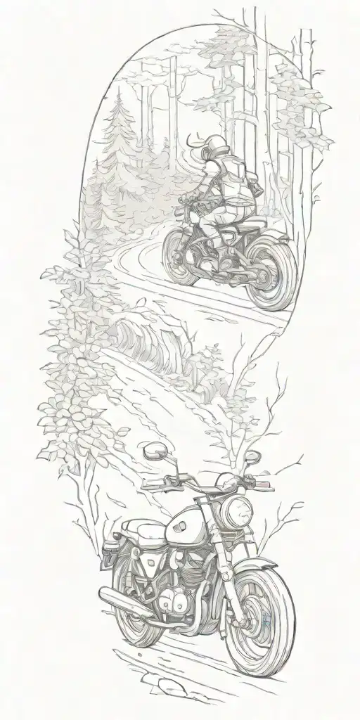 A sketch of a motorcycle riding through a forest with mythical creatures in the background tattoo design idea