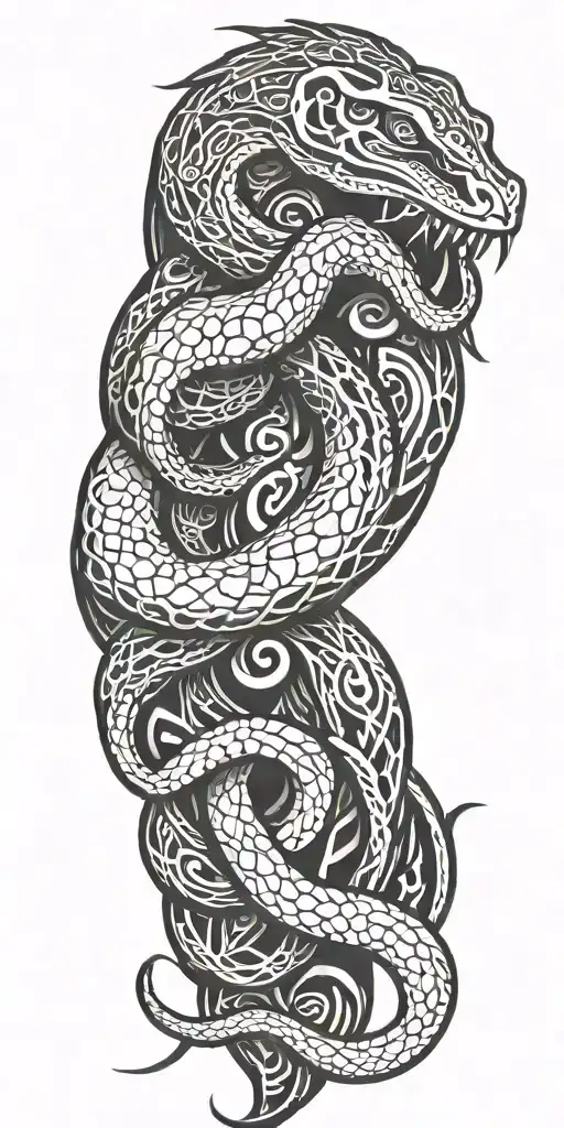 Snake wrapped around viking symbols tattoo design idea