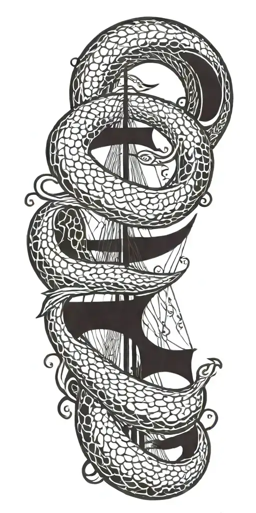 Snake wrapped around viking ship sailing tattoo design idea