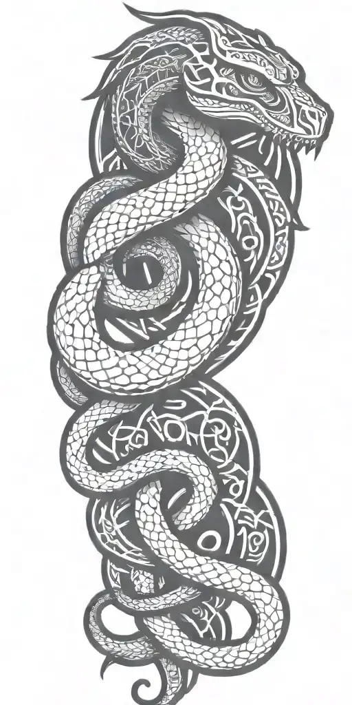 Snake wrapped around viking symbols tattoo design idea