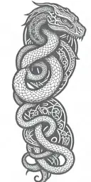 Snake wrapped around viking symbols tattoo design idea