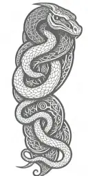 Snake wrapped around viking symbols tattoo design idea