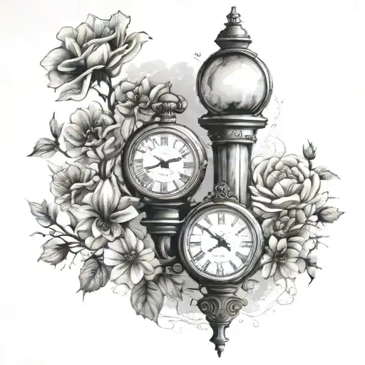 fine line tattoo featuring London street lamp, pocket watch, lace, wildflowers, old Victorian theme tattoo design idea