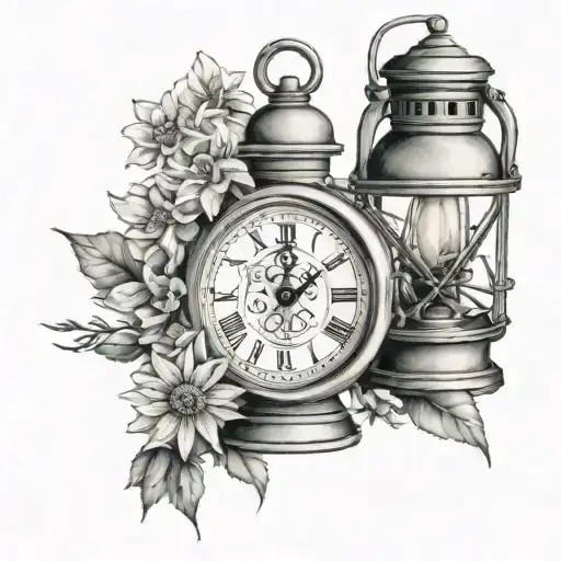 fine line tattoo featuring old gas lantern, pocket watch, lace, wildflowers, old Victorian theme tattoo design idea