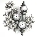 fine line tattoo featuring London street lamp, pocket watch, lace, wildflowers, old Victorian theme tattoo design idea