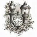 fine line tattoo featuring London street lamp, pocket watch, lace, wildflowers, old Victorian theme tattoo design idea