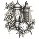 fine line tattoo featuring London street lamp, pocket watch, lace, wildflowers, old Victorian theme tattoo design idea