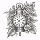 fine line tattoo featuring old gas lantern, pocket watch, lace, wildflowers, old Victorian theme tattoo design idea