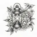 fine line tattoo featuring old gas lantern, pocket watch, lace, wildflowers, old Victorian theme tattoo design idea