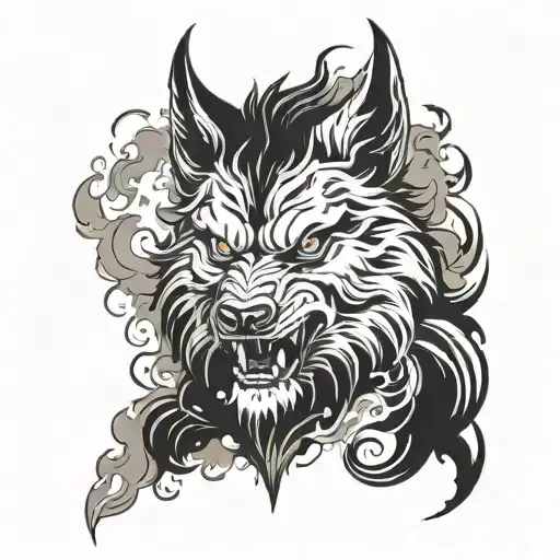 An alpha lycan silhouette emerging from a cloud of smoke tattoo design idea