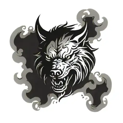 An alpha lycan silhouette emerging from a cloud of smoke tattoo design idea