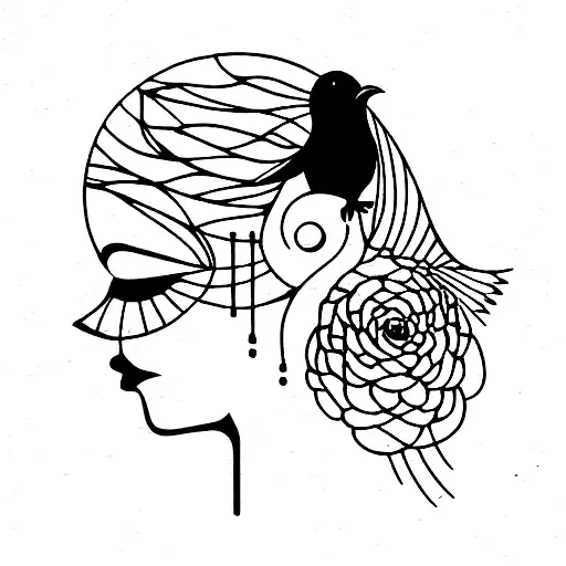 bird cage door open as a woman's head drinking wine tattoo design idea