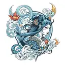 Anime stylized, gothic, blue, magic, fire, ice, etheral, tattoo design idea