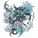 Anime stylized, gothic, blue, magic, fire, ice, etheral, tattoo design idea