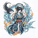 Anime stylized, gothic, blue, magic, fire, ice, etheral, tattoo design idea