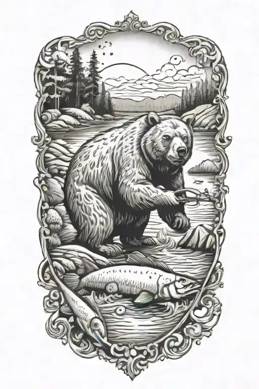 A dotwork tattoo of a bear catching a fish in a river, with welding tools scattered around the scene tattoo design idea