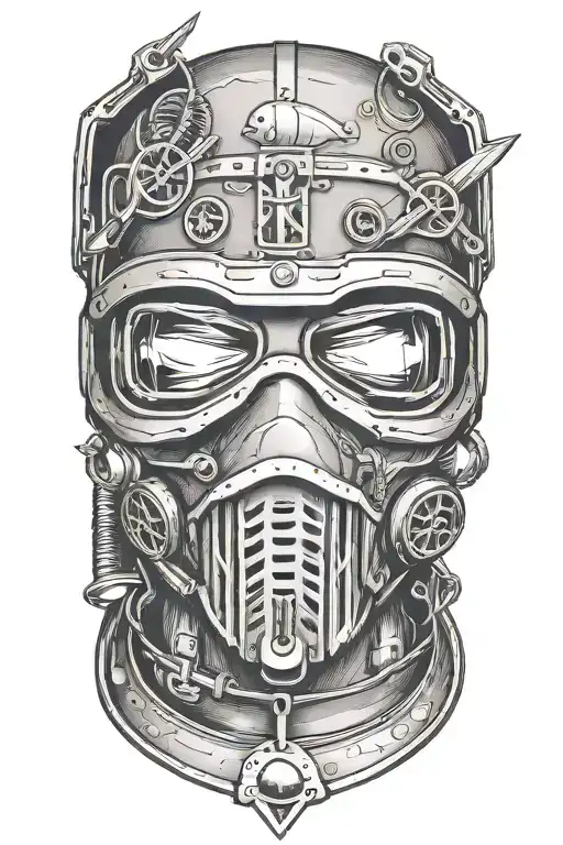 A welder's mask adorned with fishing hooks and hunting arrows, representing the client's occupation and hobbies tattoo design idea